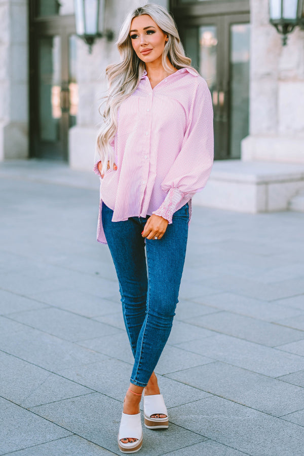 Striped Lantern Sleeve Collared Shirt-Teresa's Fashionista LLC