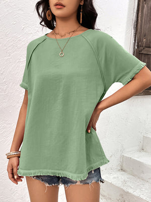 Round Neck Raglan Sleeve Fringe Detail Top-Teresa's Fashionista LLC