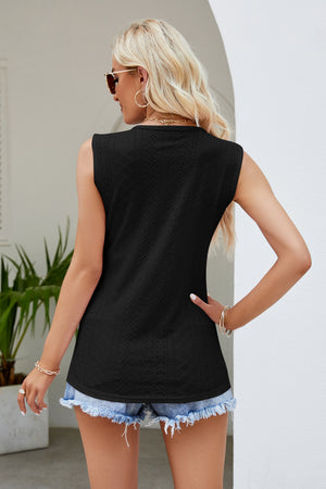 Contrast V-Neck Eyelet Tank-Teresa's Fashionista LLC