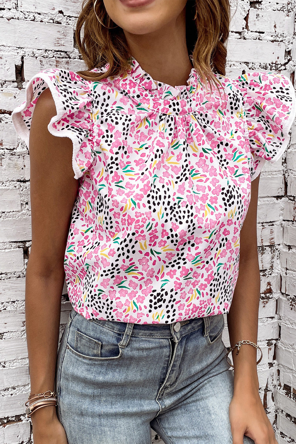 Floral Mock Neck Short Sleeve Blouse-Teresa&#39;s Fashionista LLC