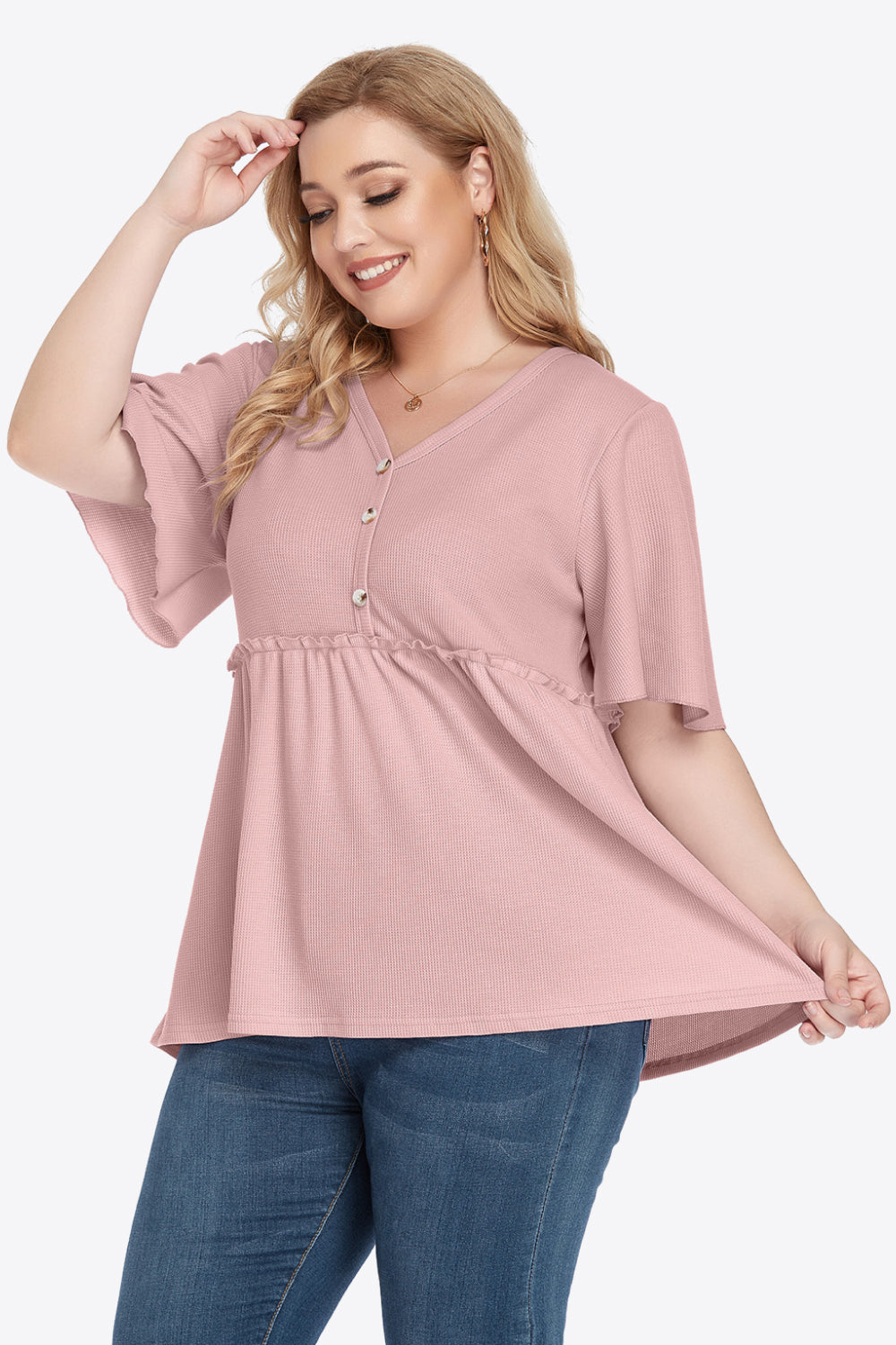Plus Size Buttoned V-Neck Frill Trim Babydoll Blouse-Teresa&#39;s Fashionista LLC