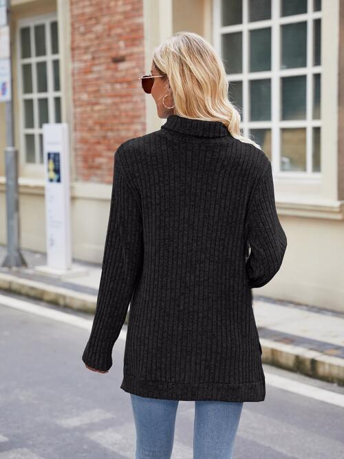 Ribbed Turtleneck Long Sleeve Slit Knit Top-Teresa's Fashionista LLC