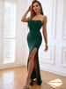 Strapless split seam detail dress in solid color with maxi length and sexy scoop neckline.