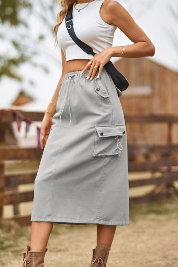 Drawstring Waist Slit Denim Skirt-Teresa's Fashionista LLC