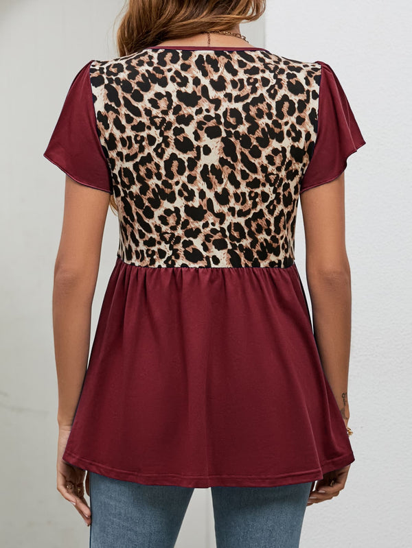 Leopard Round Neck Flutter Sleeve Babydoll Blouse-Teresa's Fashionista LLC