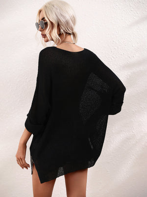 Boat Neck Cuffed Sleeve Slit Tunic Knit Top-Teresa's Fashionista LLC