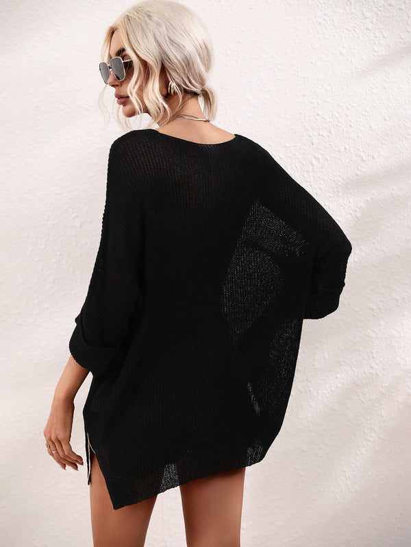 Boat Neck Cuffed Sleeve Slit Tunic Knit Top-Teresa's Fashionista LLC