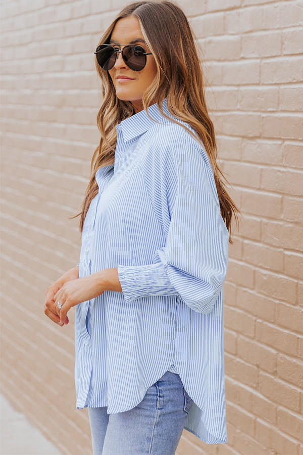 Striped Lantern Sleeve Collared Shirt-Teresa's Fashionista LLC