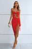 Cutout strapless drawstring detail split bandage dress in red