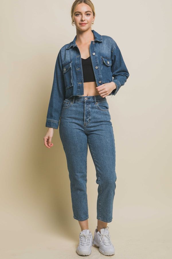 LOVE TREE Raw Hem Button Up Cropped Denim Jacket-Teresa's Fashionista LLC