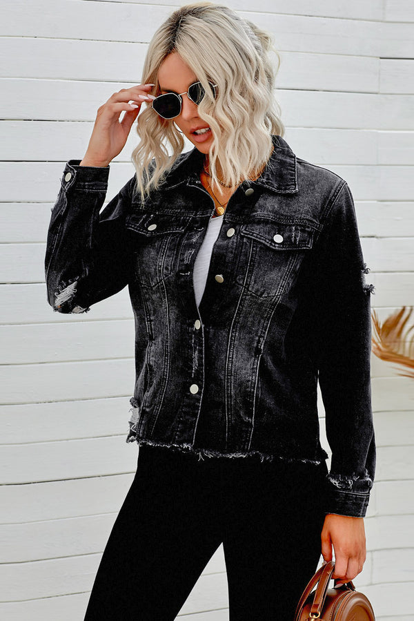 Distressed Raw Hem Denim Jacket-Teresa's Fashionista LLC