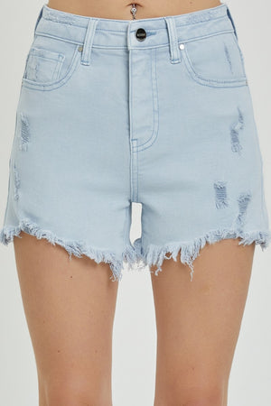 RISEN Full Size High Rise Distressed Detail Denim Shorts-Teresa's Fashionista LLC