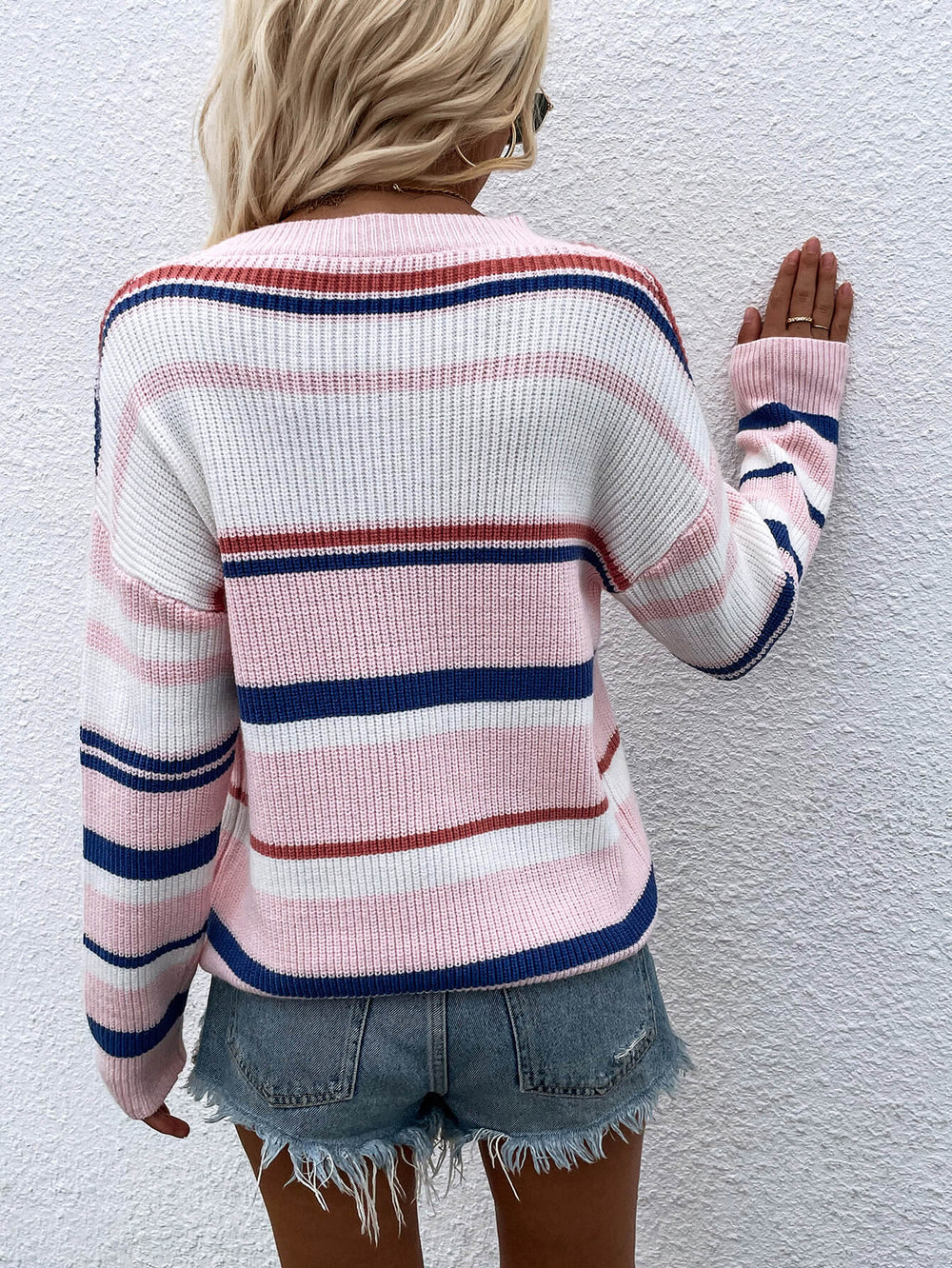Striped Drop Shoulder Round Neck Pullover Sweater-Teresa's Fashionista LLC