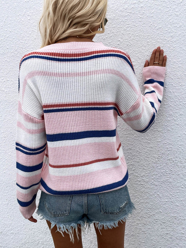 Striped Drop Shoulder Round Neck Pullover Sweater-Teresa's Fashionista LLC