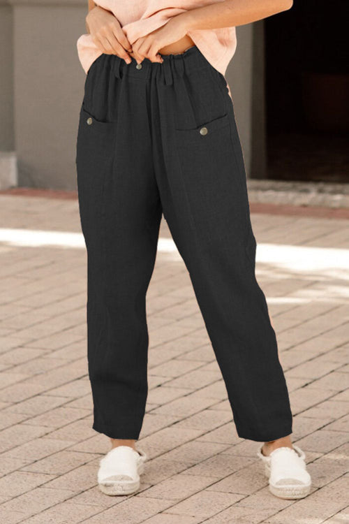 Button Detail Elastic Waist Pocket Pants-Teresa's Fashionista LLC