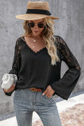 V-Neck Spliced Lace Flare Sleeve Top-Teresa's Fashionista LLC