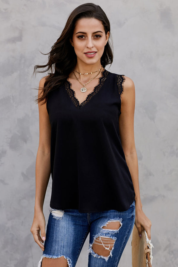 Eyelash Lace V-Neck Tank Top-Teresa's Fashionista LLC