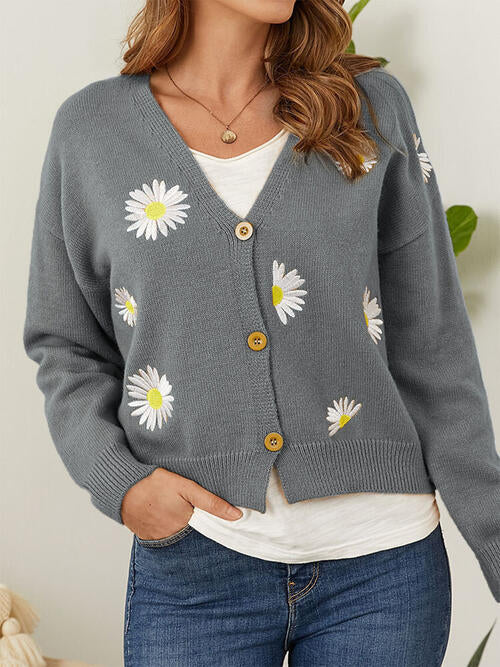 Flower Button Front Dropped Shoulder Cardigan-Teresa&#39;s Fashionista LLC