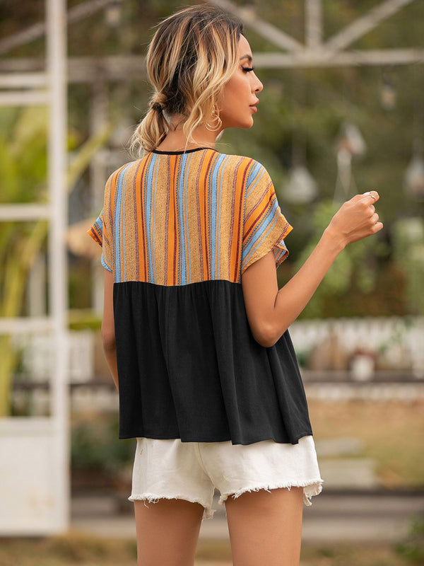 Striped Tie Neck Short Sleeve Blouse-Teresa's Fashionista LLC