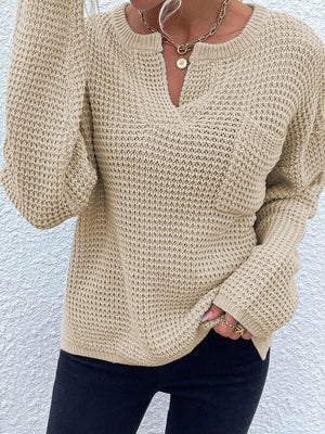 Notched Long Sleeve Sweater-Teresa's Fashionista LLC