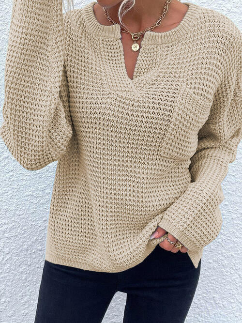 Notched Long Sleeve Sweater-Teresa's Fashionista LLC