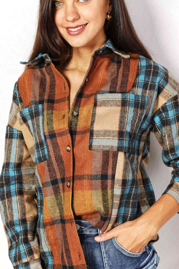 Double Take Plaid Curved Hem Shirt Jacket with Breast Pockets-Teresa's Fashionista LLC
