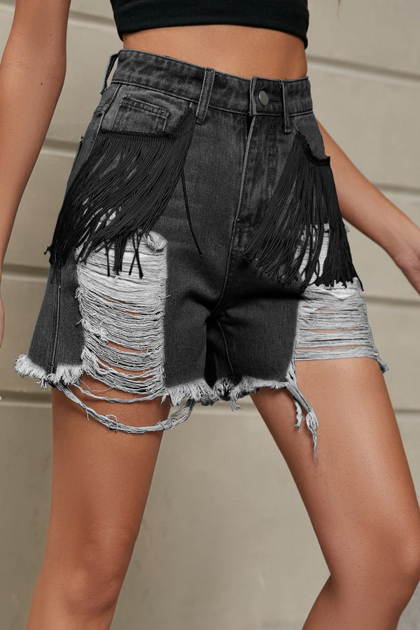 Fringe Trim Distressed Denim Shorts with Pockets-Teresa's Fashionista LLC