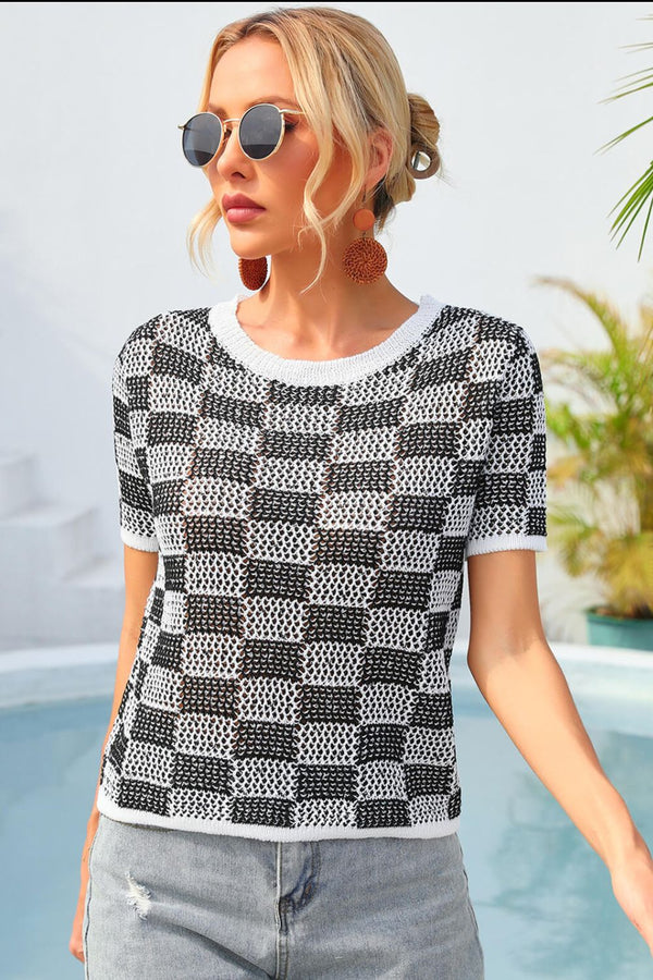 Checkered Short Sleeve Knit Top-Teresa's Fashionista LLC