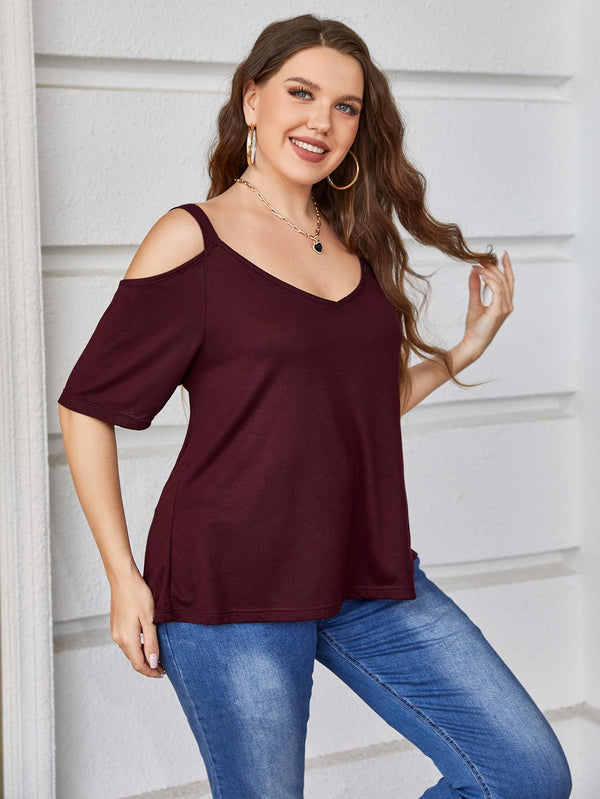 Plus Size V-Neck Cold-Shoulder Blouse-Teresa's Fashionista LLC