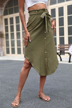 Tie Belt Frill Trim Buttoned Skirt-Teresa's Fashionista LLC