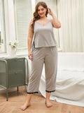 Plus Size Lace Trim Slit Cami and Pants Pajama Set-Teresa's Fashionista LLC
