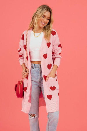 Heart Graphic Open Front Cardigan with Pockets-Teresa's Fashionista LLC