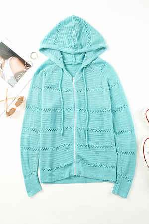 Zip-Up Raglan Sleeve Openwork Hooded Cardigan-Teresa's Fashionista LLC