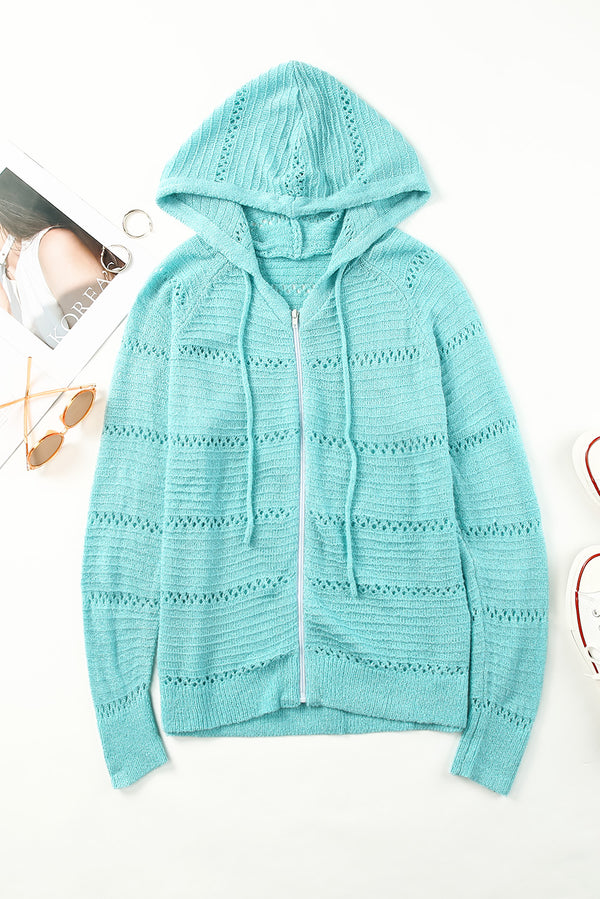Zip-Up Raglan Sleeve Openwork Hooded Cardigan-Teresa's Fashionista LLC