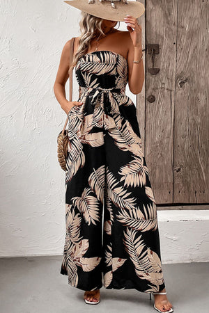 Printed Strapless Wide Leg Jumpsuit with Pockets-Teresa's Fashionista LLC