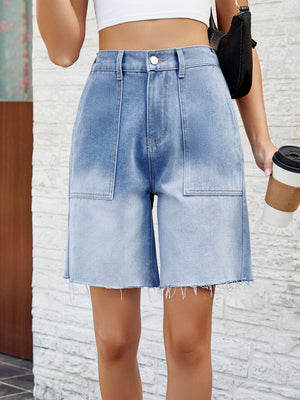 Buttoned Raw Hem Denim Shorts with Pockets-Teresa's Fashionista LLC