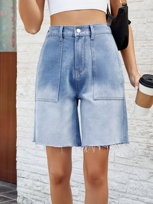 Buttoned Raw Hem Denim Shorts with Pockets-Teresa's Fashionista LLC