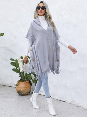 Fringe Trim Buttoned Hooded Poncho-Teresa's Fashionista LLC