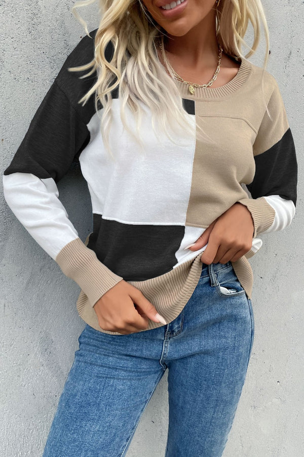 Color Block Ribbed Trim Round Neck Knit Pullover-Teresa's Fashionista LLC
