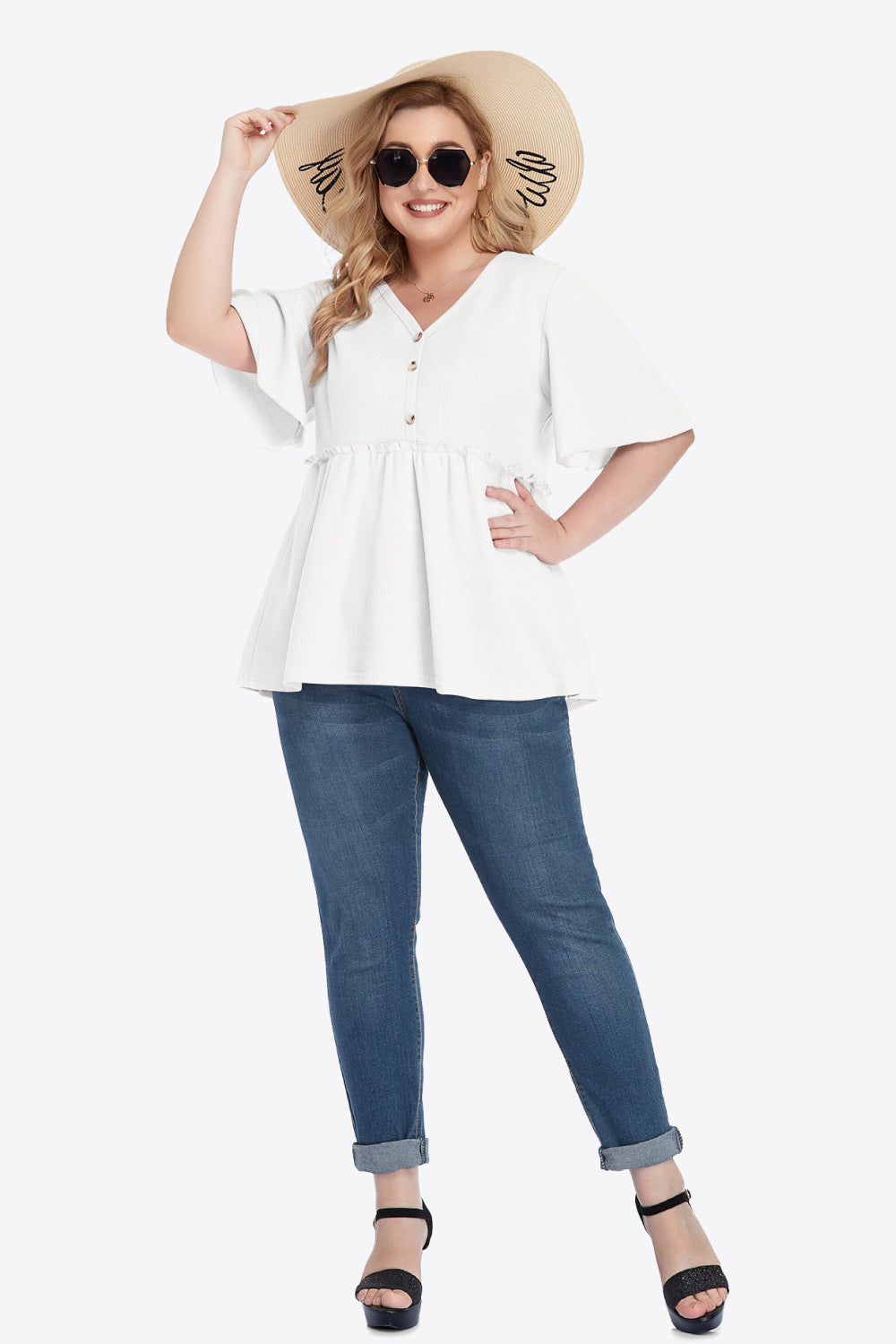 Plus Size Buttoned V-Neck Frill Trim Babydoll Blouse-Teresa&#39;s Fashionista LLC