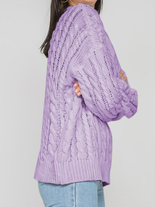 Openwork Round Sleeve Cable-Knit Sweater-Teresa&#39;s Fashionista LLC