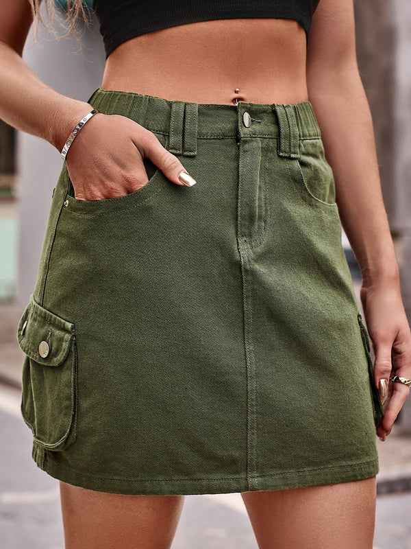 Denim Mini Skirt with Pockets-Teresa's Fashionista LLC