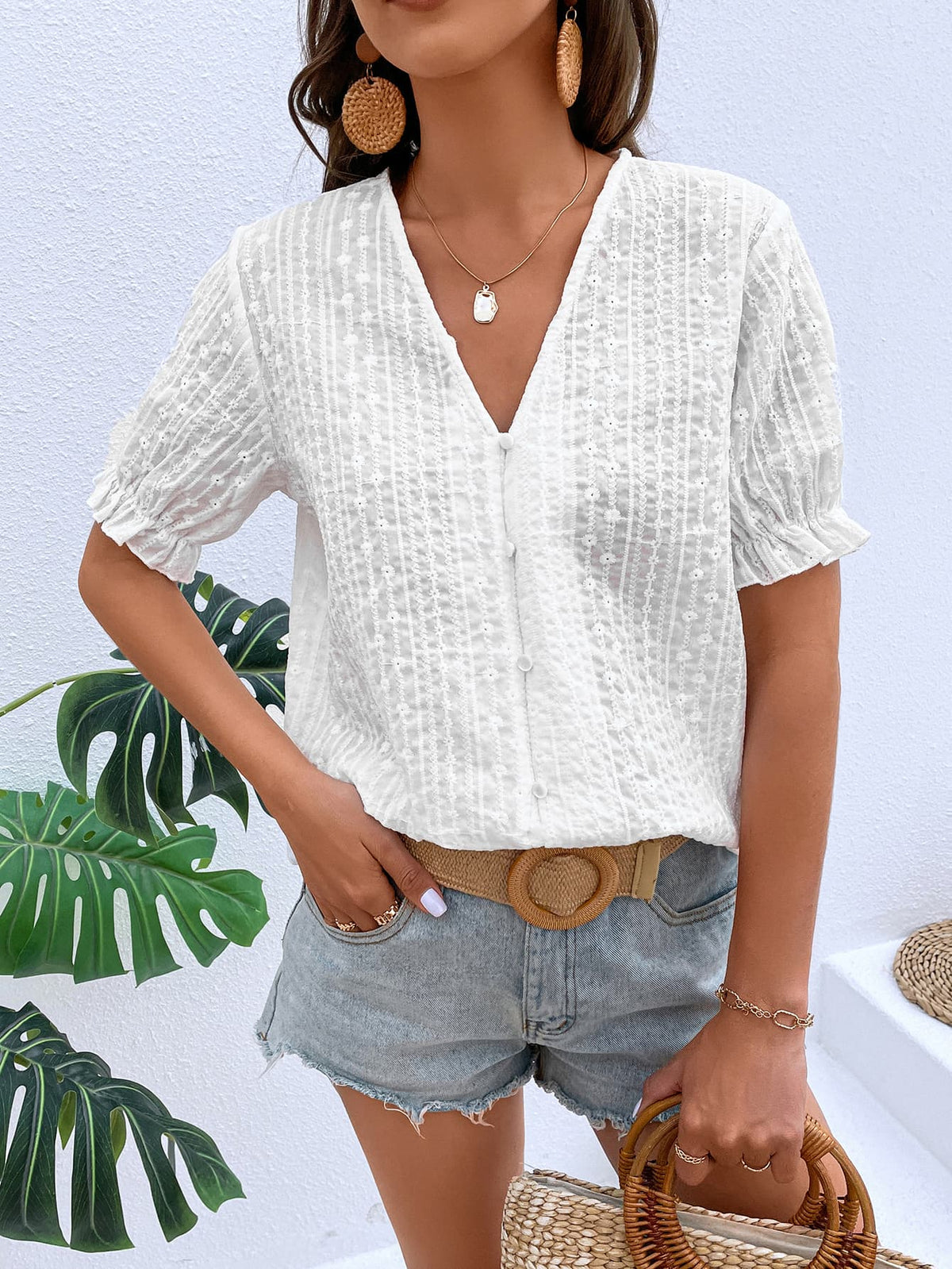 Buttoned V-Neck Flounce Sleeve Top-Teresa&#39;s Fashionista LLC