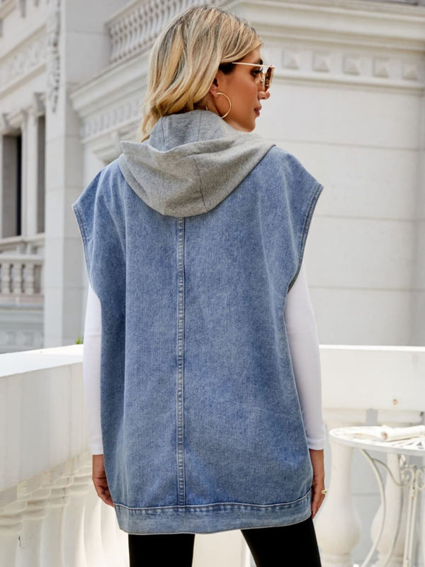 Hooded Sleeveless Denim Top with Pockets-Teresa's Fashionista LLC