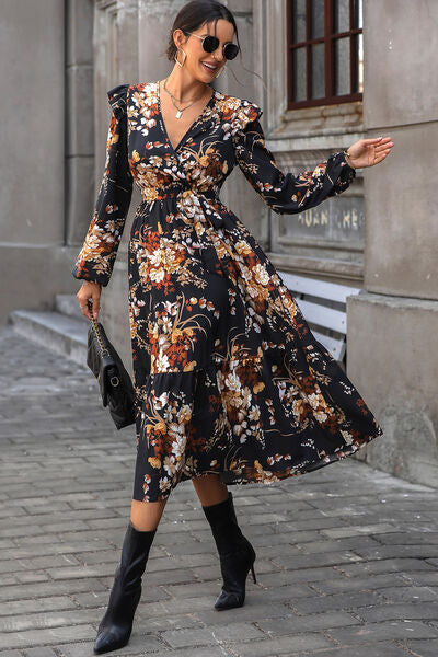 Floral Surplice Tie Front Ruffle Hem Midi Dress-Teresa's Fashionista LLC