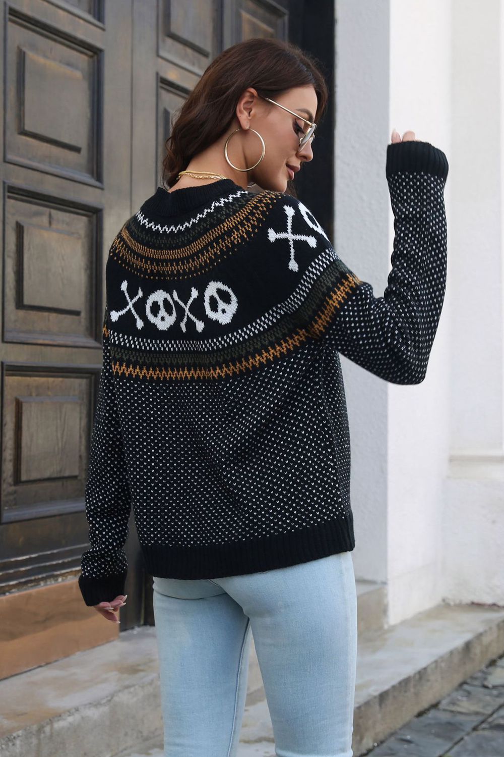 Ghost Pattern Round Neck Long Sleeve Sweater-Teresa&#39;s Fashionista LLC