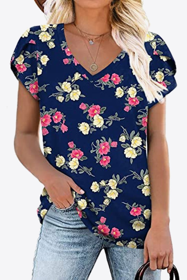 Printed Petal Sleeve V-Neck Blouse-Teresa's Fashionista LLC