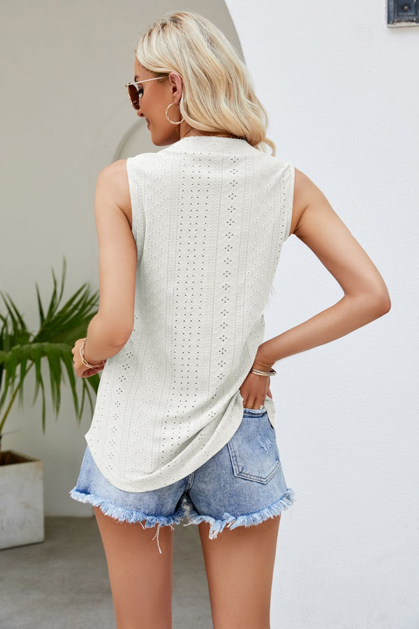 Notched Neck Curved Hem Eyelet Tank-Teresa's Fashionista LLC