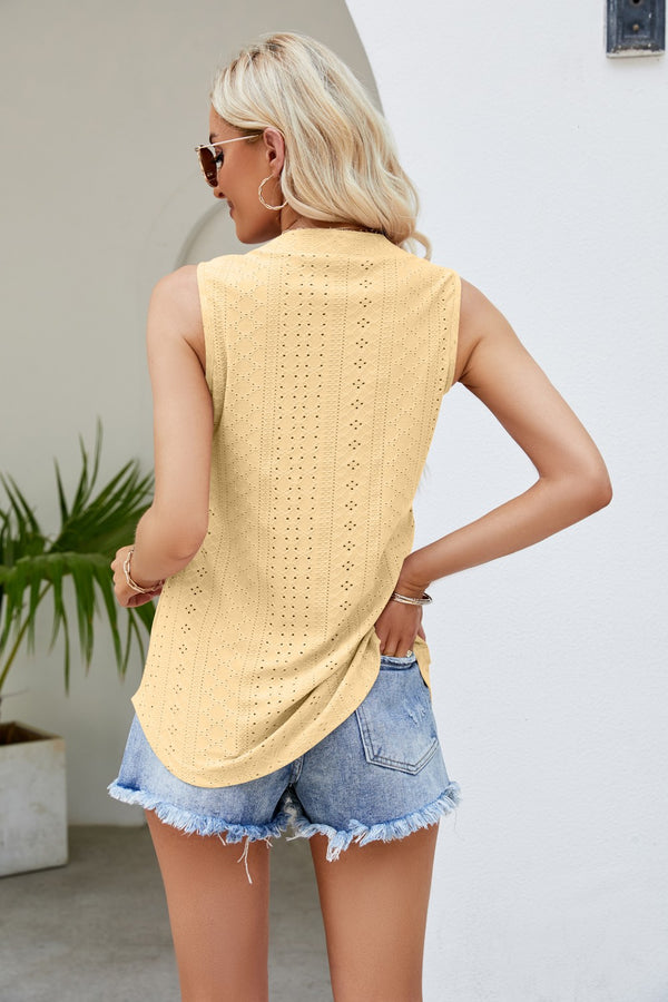 Notched Neck Curved Hem Eyelet Tank-Teresa's Fashionista LLC