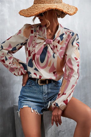 Printed Tie Neck Puff Sleeve Blouse-Teresa's Fashionista LLC